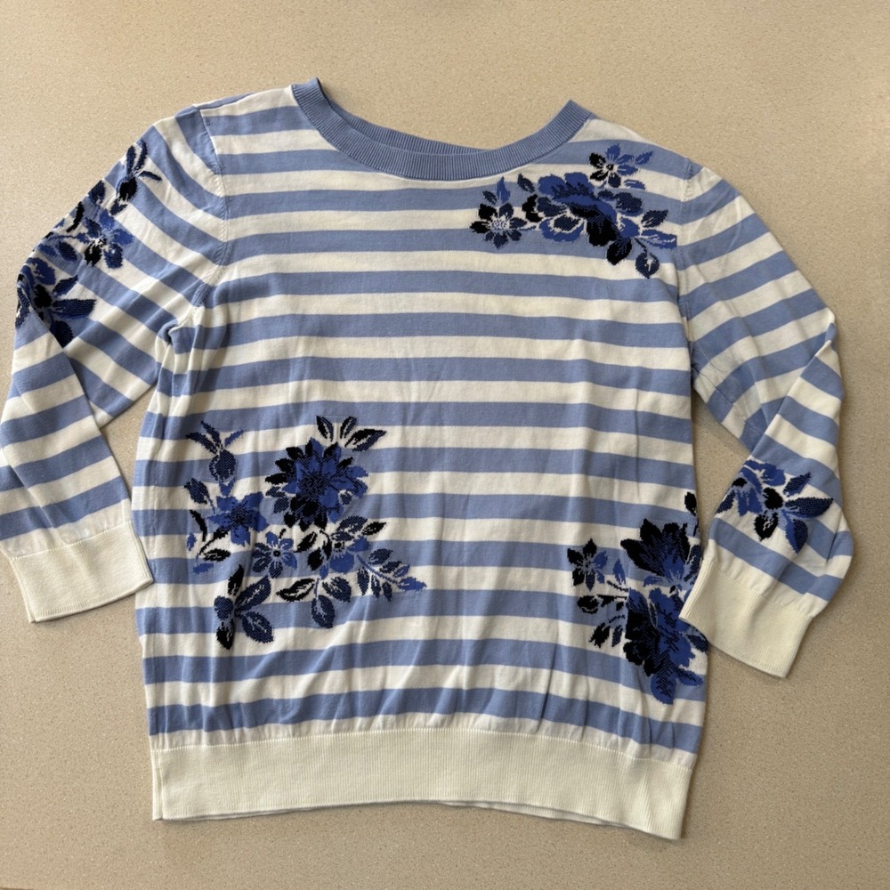 Talbots Womens Large Blue White Striped Floral Embroidered Cotton Rayon Sweater